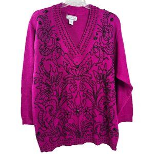 VTG August Max Woman 2X Plus Beaded Hot Pink V-Neck Sweater Ramie/Cotton GUC